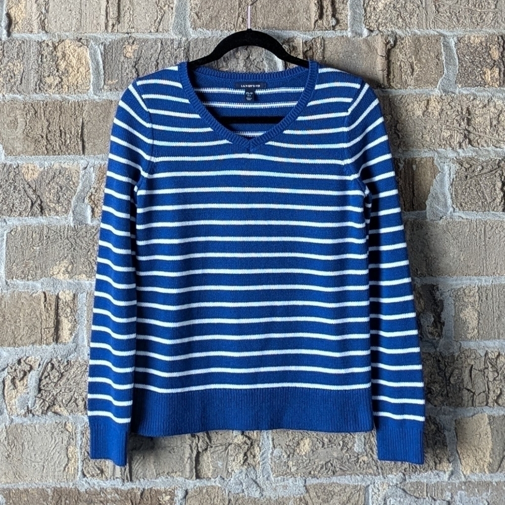 Lands' End Blue & White Striped Cotton V-Neck Pullover Sweater Size XS